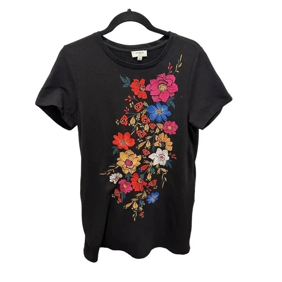 Umgee Women's Black Floral Embroidered Short Sleeve Crew Neck T-Shirt Size Small - Picture 1 of 6